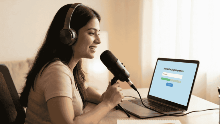 A side-view photograph from the file "1.png" showing a young South Asian woman sitting at a desk, practicing her spoken English alone. She is wearing large over-ear headphones and smiling as she speaks into a black standalone microphone on a mini tripod. In front of her, an open laptop displays a clean light blue screen that reads "Interactive English practice" with a progress bar and a button. The setting is a brightly lit, warm room with a minimalist aesthetic.