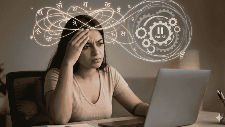 A close-up photograph from the file "302234382384451448.jpeg" showing a young South Asian woman looking stressed and overwhelmed as she sits in front of a laptop. She has her hand pressed against her forehead in deep thought. Glowing, stylized graphics float around her head, depicting a chaotic, tangled web of Hindi script characters on the left that flows into a gear icon with a large "PAUSE" symbol on the right, visually representing the slow and frustrating mental translation loop.