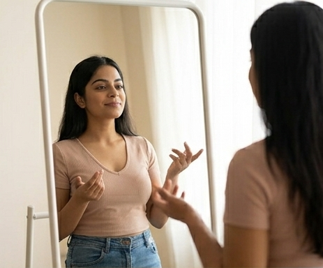A medium photograph from the file showing a young South Asian woman practicing her spoken English alone by looking into a large, white-framed standing mirror. The view shows her from behind the right shoulder, looking at her clear reflection in the glass. She has long black hair, is wearing a light pink v-neck t-shirt and blue jeans, and is smiling confidently while using expressive hand gestures to practice her delivery.