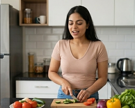 A medium photograph from the file showing a young South Asian woman practicing her spoken English alone in a modern kitchen. She has long black hair, is wearing a light pink v-neck t-shirt, and is smiling with her mouth open as she speaks out loud. She is standing at a black countertop, using a knife to slice a cucumber on a wooden cutting board. Fresh vegetables like tomatoes, a green bell pepper, a yellow bell pepper, and an onion are arranged on the counter around her.