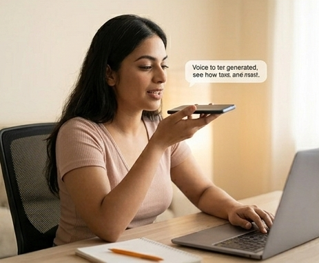 A side-profile photograph from the file of a young South Asian woman practicing her spoken English alone at a light-colored wooden desk. She is wearing a light pink v-neck t-shirt and has her left hand resting on an open laptop keyboard while holding a modern smartphone horizontally near her mouth with her right hand. A digital speech bubble graphic floats near the phone with the words, "Voice to ter generated, see how taxs, and translates." A neat spiral notebook and pencil sit on the table in front of her.