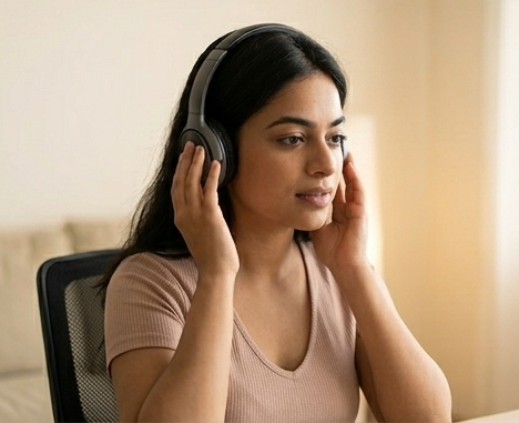 A close-up photograph of a young South Asian woman sitting in an office chair, deeply focused on practicing her spoken English alone. She is wearing a light pink v-neck t-shirt and has a pair of large, dark grey over-ear headphones on. She is gently touching the sides of the headphones with both hands, listening intently to audio training material with a calm and concentrated expression.