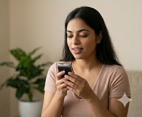 A medium photograph from the file of a young South Asian woman practicing her spoken English alone. She has long black hair, is wearing a light pink v-neck t-shirt, and holds a smartphone with both hands in front of her. She is looking down at the screen with her mouth slightly open as if reading or speaking text out loud. In the blurred background, a green potted plant sits on the floor.