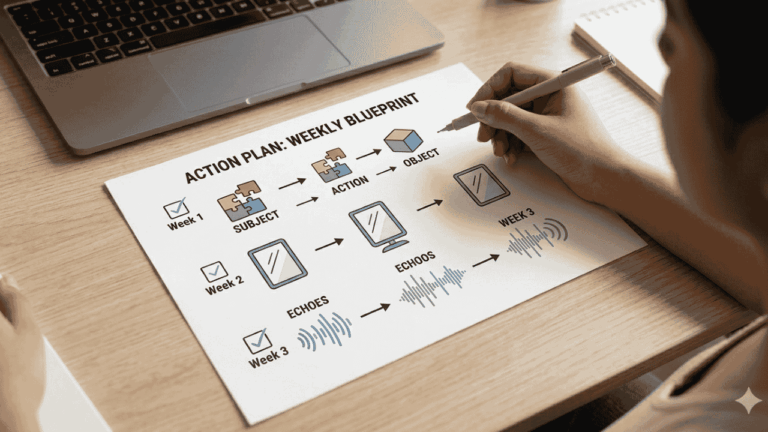 An overhead, close-up photograph focusing on a printed document titled "ACTION PLAN: WEEKLY BLUEPRINT" resting on a wooden desk next to a laptop. A person's hand holds a pen, pointing to a structured step-by-step flowchart. The blueprint layout clearly maps out a multi-week progression with checkboxes, puzzle-piece icons representing "SUBJECT," "ACTION," and "OBJECT," and illustrative audio wave icons labeled "ECHOES" to guide solo speech training.