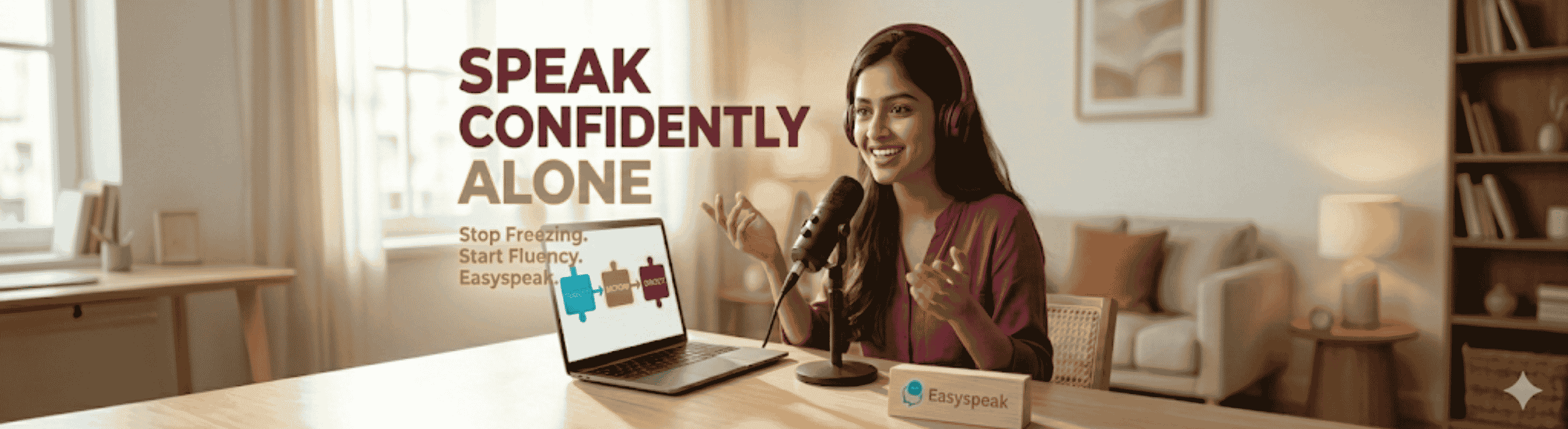 A wide-angle professional photograph capturing a young Indian woman smiling and speaking confidently into a professional microphone at a sunlit wooden desk. She is wearing maroon over-ear headphones and a maroon top. To her left is an open laptop displaying a "SUBJECT $\rightarrow$ ACTION $\rightarrow$ OBJECT" sentence blueprint graphic on the screen. The background is a cozy, expanded home office with a large window and bookshelves. The large, bold text in the corner reads, "SPEAK CONFIDENTLY ALONE." and "Stop Freezing. Start Fluency. Easyspeak." A branded Easyspeak block is on the desk.